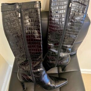 Ralph Lauren Black Croc-Embossed Leather Knee High Heeled Boots